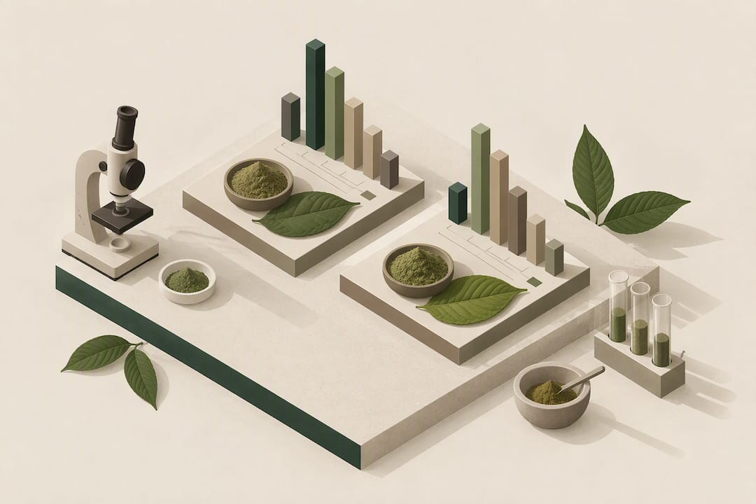 Isometric illustration of alkaloid batch comparison