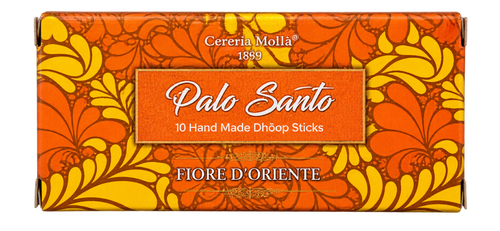 Cereria Molla Palo Santo incense stick box with a vibrant orange and yellow floral pattern, featuring the text 'Palo Santo' and '10 Hand Made Dhoom Sticks'.