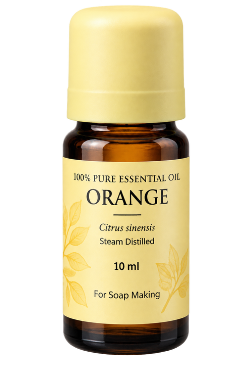 A 10 ml amber glass bottle of orange essential oil with a pale yellow cap and a matching pale yellow label, designed for soap making.
